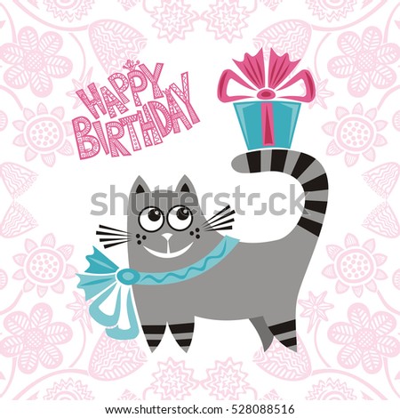 Happy birthday greeting card with cute cartoon cat and gift. Vector illustration.