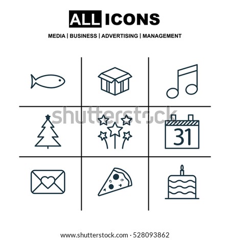 Set Of 9 New Year Icons. Can Be Used For Web, Mobile, UI And Infographic Design. Includes Elements Such As Fishing, Crotchets, Festive Fireworks And More.