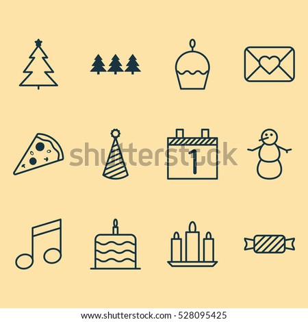 Set Of 12 New Year Icons. Can Be Used For Web, Mobile, UI And Infographic Design. Includes Elements Such As Sliced Pizza, Celebration Cake, Sweet And More.
