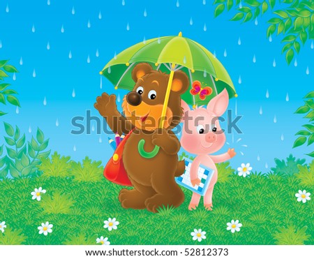 Little bear and piglet under rain