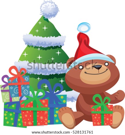Teddy bear cartoon character beside a christmas tree full of presents playing and having fun in this festive holiday themed vector illustration