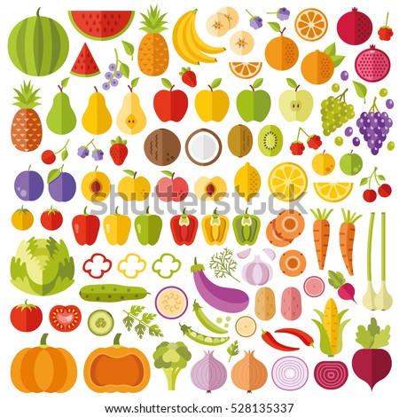 Fruits and vegetables flat icons set. Colorful flat design graphic elements, illustrations collection for web sites, mobile apps, web banners, infographics, printed materials. Vector icons Royalty-Free Stock Photo #528135337