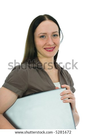 business woman and laptop on white background