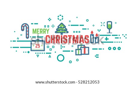 Merry christmas flat line concept banner. Xmas objects in red and green colors. Abstract lines, dots and objects.