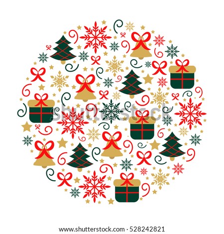 Unique vector concept with Christmas symbols. Design element for greeting card in vector. Christmas and new year decoration round with bell, tree, snowflake and gift isolated on white background