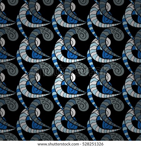 Abstract vector seamless pattern with doodles, figured flowers and curling lines, blue and black colors. Decorative endless texture