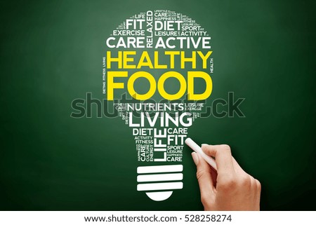 Healthy Food bulb word cloud collage, health concept on blackboard