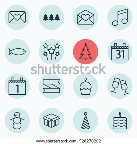 Set Of 16 Holiday Icons. Can Be Used For Web, Mobile, UI And Infographic Design. Includes Elements Such As Decorated Tree, Holiday Ornament, Fishing And More.