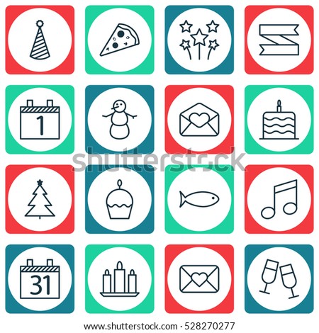 Set Of 16 Happy New Year Icons. Can Be Used For Web, Mobile, UI And Infographic Design. Includes Elements Such As Crotchets, Agenda, Birthday Cake And More.
