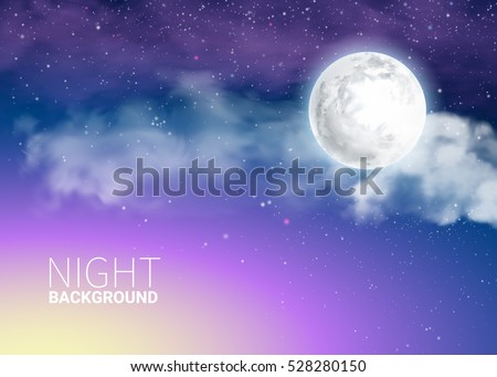 Mystical Sky Full Moon Against the background of the galaxy and Milky Way. Moonlight night. Realistic clouds. Shining Stars on dark blue sky. Vector illustration background. Royalty-Free Stock Photo #528280150