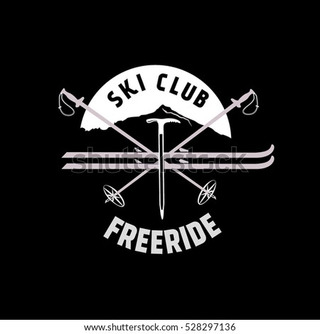 Ski club vector logo. Back country skiing vector badge. Mountaineering vector logo design template. Axe illustration. Ski and poles illustration. Retro hipster emblem of outdoor adventures.