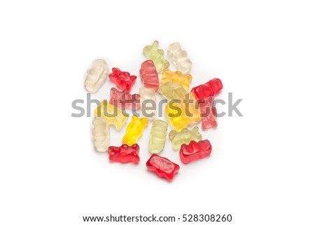 Jelly varicoloured candies on white background
