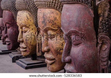 Face Of Buddha statue Vintage Carved Wood.