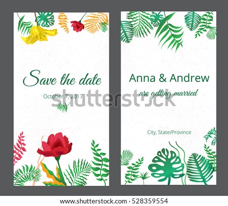 Tropical floral wedding invitation with calligraphy text. Green leaves and flowers including rose and lilly. Botanical vector illustration in modern style.

