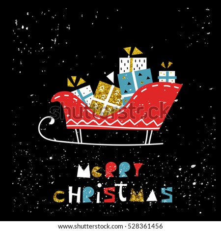 Merry Christmas Happy New Year card. Scandinavian christmas design. Vector illustration. Sleigh, gifts. Original font. Golden elements 