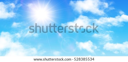 Sunny background, blue sky with white clouds and sun, vector illustration. Royalty-Free Stock Photo #528385534