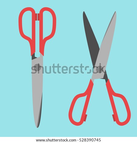 Red scissors, open and closed on blue background. Flat design. Vector illustration. EPS 8, no transparency