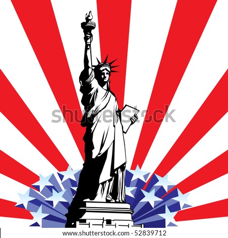 vector image of American symbols of freedom. Statue of Liberty on the background of a stylized flag United States
