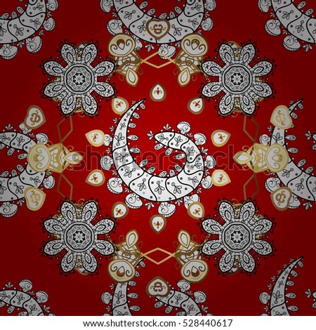 Seamless Oriental Pattern of Floral Spirals. Golden Color on Red Background.