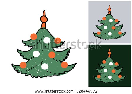 Hand drawn christmas or New Year illustration: christmas tree. Isolated vector art element on white, gray and dark green background in sketch style.