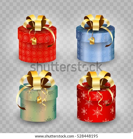 Set of christmas beautiful wrapped gift boxes with bows, ribbons isolated on transparent background. Vector decoration elements collection. 