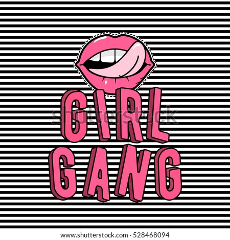 Vector illustration of girl gang stylish patch in the Memphis style with lips, tongue, 3d text on stripes background Royalty-Free Stock Photo #528468094