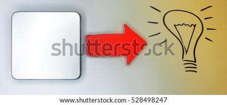 Think Outside the Box: Silver Box with red arrow and drawn light bulb, isolated on white background