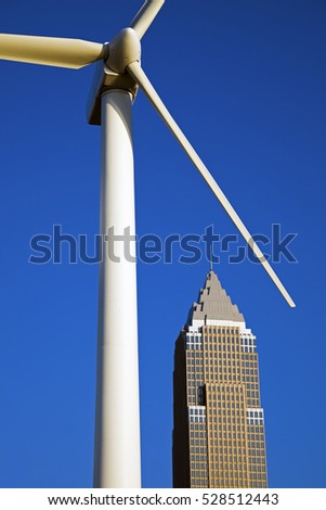 Wind turbine and skyscraper - seend in CLeveland.