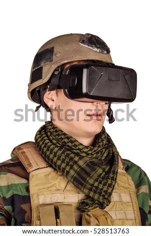 Rangerr wearing virtual reality glasses. Military and technology concept.