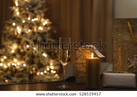 Golden christmas tree decoration. Holidays background. Golden style toned picture