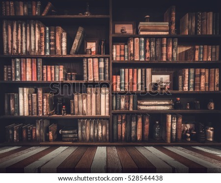 blurred Image many old books on bookshelf in library Royalty-Free Stock Photo #528544438