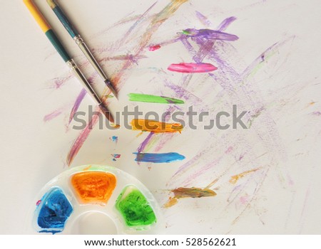 Top view of Watercolor palette with paintbrush,Learning the art of children in school.          