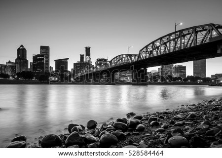 Downtown Portland Oregon skyline at sunset in USA