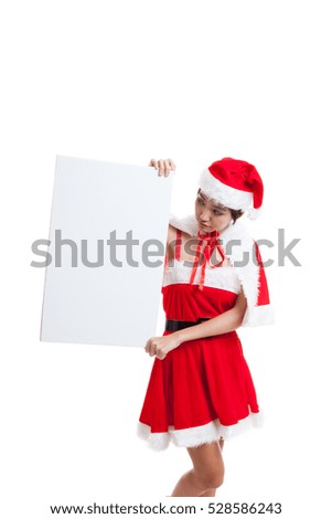Asian Christmas Santa Claus girl with blank sign  isolated on white background.