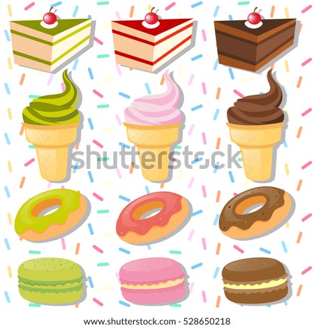 Different types of desserts on colorful background illustration
