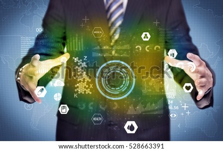 A business analytics person analyzing the health status of the world from its hands with illustrated pie charts and graphs concept
