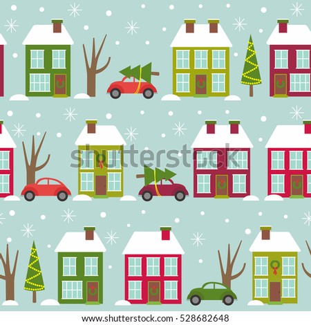 seamless pattern with houses and cars in winter time - vector illustration, eps
