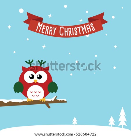 Cute Christmas Owls wearing Santa Claus hat standing on the branch. Flat design Vector illustration for Merry Christmas and Happy New Year invitation card.