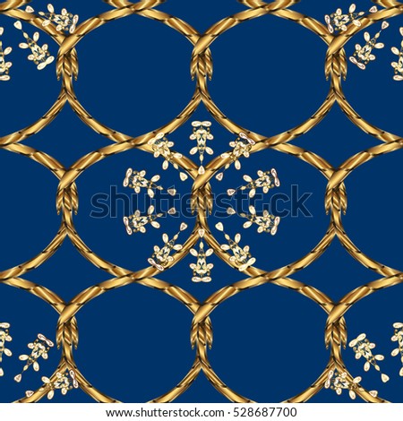 Seamless vintage pattern on blue background with golden elements.