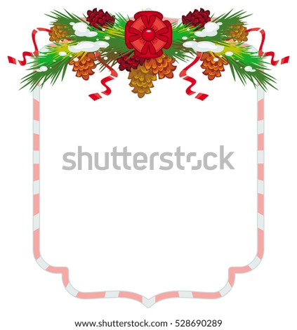 Holiday winter frame with pine branch, snow-flakes and cones. Raster clip art.