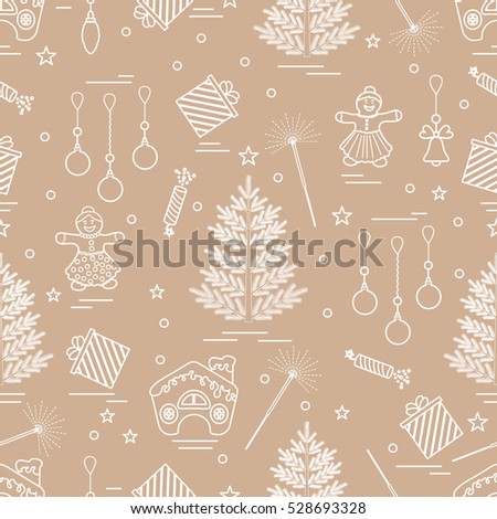 Winter seamless pattern with variety Christmas elements:  tree, balls, petard, sparkler, gingerbread man and house, bell, gifts, stars. Design for banner, flyer, poster or print.