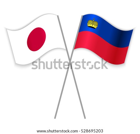 Japanese and Liechtenstein crossed flags. Japan combined with Liechtenstein isolated on white. Language learning, international business or travel concept.
