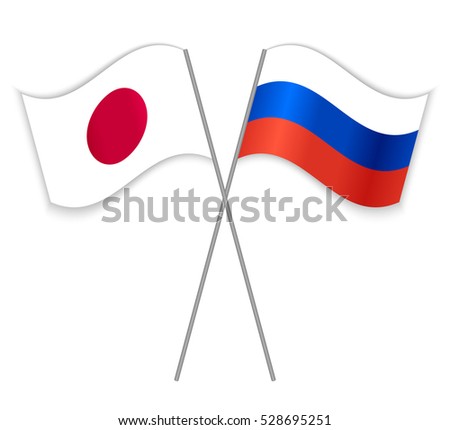 Japanese and Russian crossed flags. Japan combined with Russia isolated on white. Language learning, international business or travel concept.
