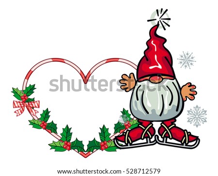 Holiday heart-shaped frame with decorations and funny gnome. Copy space. Christmas background. Vector clip art.