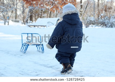 Back view of cute happy toddler boy in warm coat and knitted hat pulling his sledge across snow-covered park in winter day, outdoor family concept, child playing outdoors