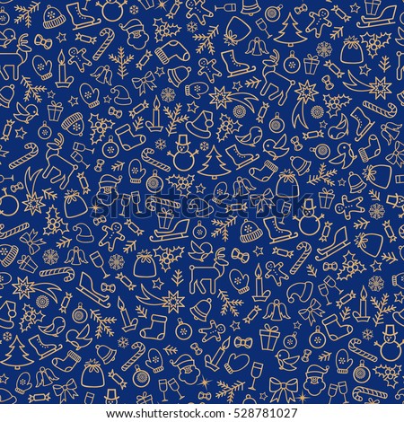 Christmas pattern. Happy Winter Holiday tile background. Christmas icons gold Ornamental design elements. Doodle outline seamless  texture. 