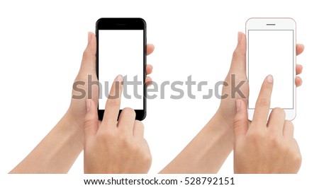 hand touch phone isolated with clipping path on white background, mock-up smartphone blank screen