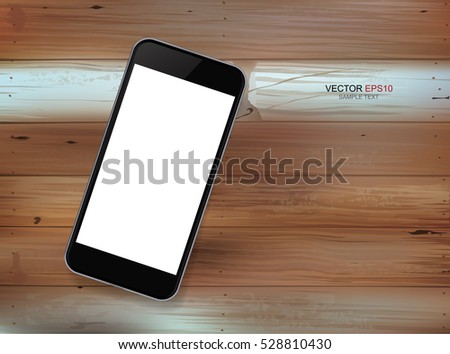 Vector smart phone with empty white screen on grunge vintage wood texture background.