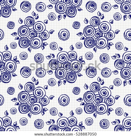 Seamless vector hand drawn seamless floral  pattern. Blue and white background with flowers, leaves on the checkered paper. Decorative cute graphic drawn illustration.