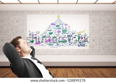Side view of relaxing businessman in interior with creative colorful sketch. Success concept